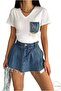 Women's White V-Neck Denim Jeans Pocket Sequin Sequin Embroidered Tassel 100% Cotton T-Shirt - 3