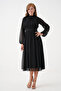 Lined Chiffon Fabric Stand Collar Flared Cut Long Sleeve Midi Length Black Evening Dress 094