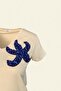 Blue Starfish Embroidered Cream Color V-Neck T-Shirt - 5