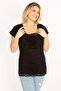 Women's Large Size Black Low Collar Blouse with Lace Detail on Collar and Hem 65n34531 - 3