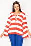 Women's Large Size Red Collar Eyelet Lace Detailed Sleeve Slit Striped Blouse 65n30165