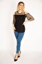 Women's Large Size Black Robe and Sleeves Mesh Detailed Viscose Blouse 65n27071 - 3