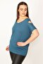 Women's Large Size Petrol Shoulder Low-cut Viscose Blouse 65n30102 - 5
