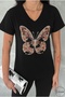 Women's Black Butterfly Embroidery Sequin Embroidered 100% Cotton V-Neck T-Shirt S-M-L - 4