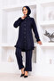 Stone Detailed Buttoned Cotton Double Suit Navy Blue - 6