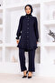 Stone Detailed Buttoned Cotton Double Suit Navy Blue - 5