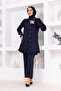 Stone Detailed Buttoned Cotton Double Suit Navy Blue - 2