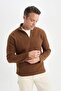 Brown Non-Pilling Cold-Proof Regular Fit Mock Neck Zippered Fleece Sweatshirt Y3996Azn - 3