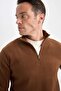 Brown Non-Pilling Cold-Proof Regular Fit Mock Neck Zippered Fleece Sweatshirt Y3996Azn - 4