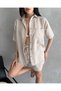 Women's Aerobin Linen Short Sleeve Shirt and Shorts Bottom-Top Suit Beige - 8