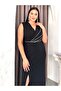 Women's Black Plus Size Double Breasted Collar Stone Stripe Detailed Long Stretchy Evening Dress - 5