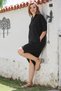 Black Shirt Collar 3/4 Sleeve Pocket Washable Casual Muslin Long Back Woven Dress 102 70 - 4