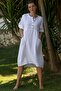 White Round Neck Buttoned Long Sleeve Pocket Washable Casual Muslin Woven Dress 107 60 - 6