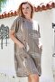 Italian Dark Beige Pool Collar Short Sleeve Fish Print Casual Linen Look Woven Dress 100 60 - 3