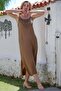 Brown Strap Slit Lace Casual Muslin Long Woven Dress 128 55 - 6