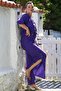 Purple V-Neck Buttoned 3/4 Sleeve Pocket Washable Elastic Waist Wide Leg Woven Suit 60-105 70-60 - 8