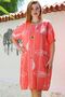 Italian Pomegranate Pool Collar Short Sleeve Fish Pattern Casual Linen Look Woven Dress 100 60