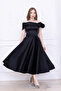 Satin Rose Detailed Midi Dress - Black - 3