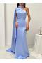 Baby Blue One Shoulder Shawl Detailed Asymmetrical Satin Evening Dress - 4