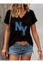 Denim Ny Printed Women's Oversize V-Neck T-Shirt