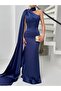 Navy Blue One Shoulder Shawl Detailed Asymmetrical Satin Evening Dress - 4