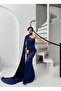 Navy Blue One Shoulder Shawl Detailed Asymmetrical Satin Evening Dress - 2