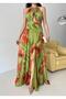 Green Patterned Halter Neckline Design Chiffon Evening Dress - 3