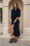 Women's New Season Black Crepe Pocketed Long Foldable Sleeve Ruched Dress Summer Casual 3734462