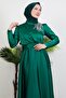 Shoulder Stoned Satin Evening Dress Emerald - 5