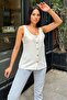 Women's Ecru Round Neck and Button Detailed Linen Tank Top with Thick Straps - 3