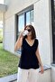 Black Straw Detailed V-Neck, Imported Muslin Fabric, Basic Cut, Loose Sleeveless Blouse & Tank Top - 2
