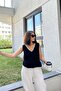 Black Straw Detailed V-Neck, Imported Muslin Fabric, Basic Cut, Loose Sleeveless Blouse & Tank Top - 7