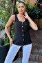 Women's Black Round Neck and Button Detailed Linen Tank Top Blouse with Thick Straps - 2