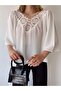 Women's White Flare Sleeve, V-Neck, Lace/Guipure Pattern, Woven Fabric, Lace Detail Front and Back Blouse - 4
