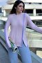 Women's Pink Round Neck, Long Sleeve, Stripe Detailed, Slit Comfortable Blouse - 2