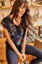 Women's Navy Blue Floral Patterned Short Sleeve V-Neck Comfortable Blouse Plus Size Options - 5