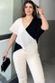 Women's Ecru & Black Two-Color, Deep V-Neck, Sleeveless, Cross Block, Loose Blouse - 3