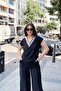 Black V-Neck, Short Sleeve, Self-Textured Fabric, Loose & Comfortable Fit/Cut, Garnished Blouse & T-Shirt - 5