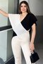 Women's Ecru & Black Two-Color, Deep V-Neck, Sleeveless, Cross Block, Loose Blouse - 4