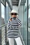 Women's Navy Blue & Ecru Long Sleeve, Striped, Ribbed Fabric, Regular Cut, Throat Knit Blouse - 3