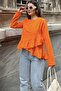 Orange Loose Blouse - Ruffle, Round Neck, Long Cotton Back - 6