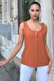 Women's Tile Round Neck and Button Detail, Thick Strap Linen Tank Top Blouse - 3