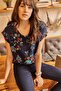 Women's Navy Blue Floral Patterned Short Sleeve V-Neck Comfortable Blouse Plus Size Options - 4