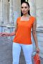 Women's Orange Thick Strap, Square Neck, Loose Linen Blouse