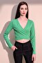 Women's Green Long Sleeve New Style Double Breasted, Camisole, Lycra Crop Blouse - 3