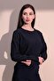 Women's Navy Blue Self Textured Crop Sweatshirt with Pockets, Loose Cut - 2