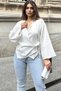 Women's White Double Breasted Collar, Cross Tie, Flare Sleeves, Loose Muslin Blouse - 3