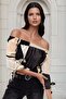 Cream Black Madonna Collar, Block Pattern, Blouse with Lacing Detail