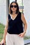 Black Straw Detailed V-Neck, Imported Muslin Fabric, Basic Cut, Loose Sleeveless Blouse & Tank Top