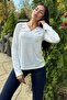 White V-Neck, Long Sleeve, Knitwear Blouse - 3